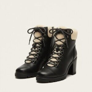 NWT FRYE Addie Black Pebble Leather Shearling Hiker Boots Sz 7 B
